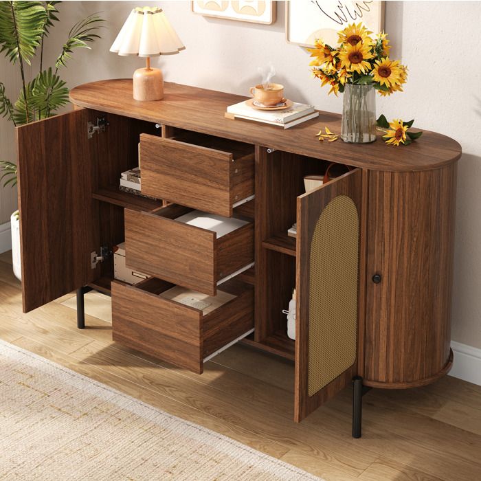 Buffet bas ovale en noyer 2 portes 3 tiroirs et étagères réglables - ELVMI - Salon MDF 140×38×77 5 cm