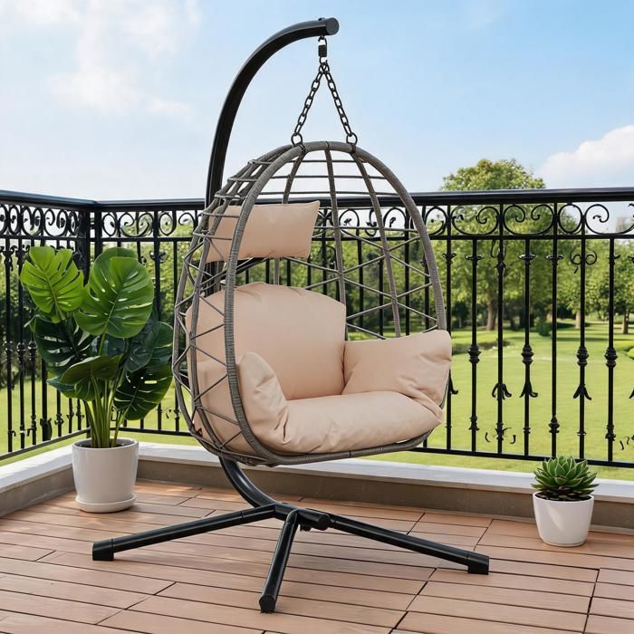 Canapé pliable en rotin – résistant aux intempéries et supportant jusquà 180 kg – Coussin et housse inclus–196x105cm-Beige
