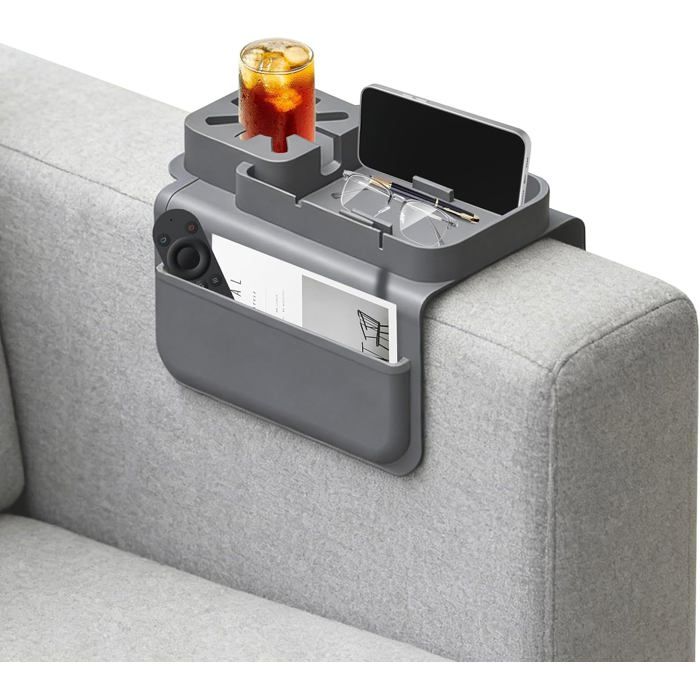 Plateau Accoudoir Canapé - 1 Unité - Silicone - Porte-Gobelet Et Poches - Rangement Salon - Gris BOITE DALIMENTATION - PATEE D