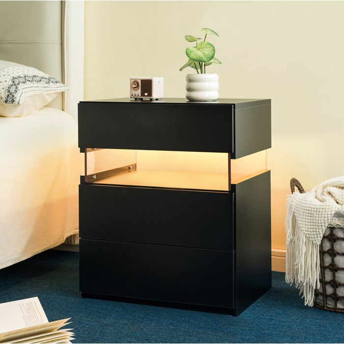 Table De Chevet LED 3 Tiroirs Noir Meuble DAppoint Moderne FloraGrace Pour Chambre Et Salon Avec Télécommande RGB 48x38x61cm