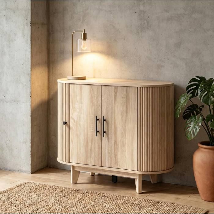 WOVREO Buffet bas ovale 90 x 40 x 76 cm 2 portes avec étagère réglable MDF effet chêne naturel