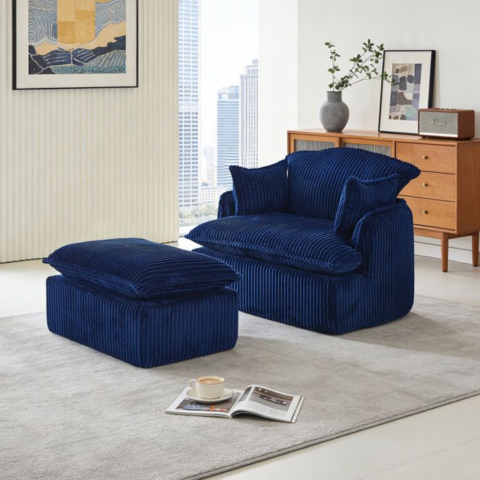 Fauteuil convertible - FUNMOON - Funmoon - Velours côtelé bleu - Compact 1 place - Repose-pieds assorti