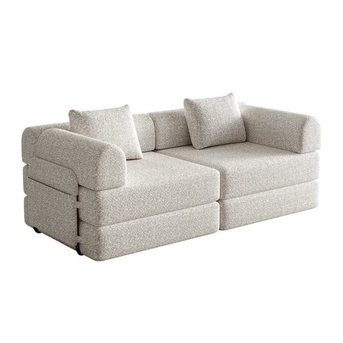 Canapé droit convertible 2 places en chenille kaki 2 modules rangements accoudoirs et fonction lit