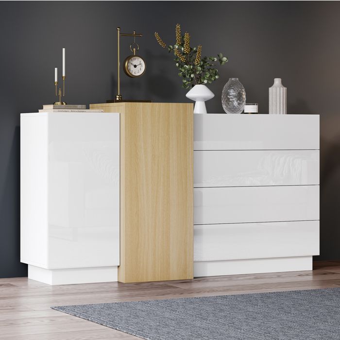 Buffet bas blanc brillant 140 cm MDF sans poignée avec ouverture par pression 4 tiroirs 2 portes charge 30 kg TYNQER