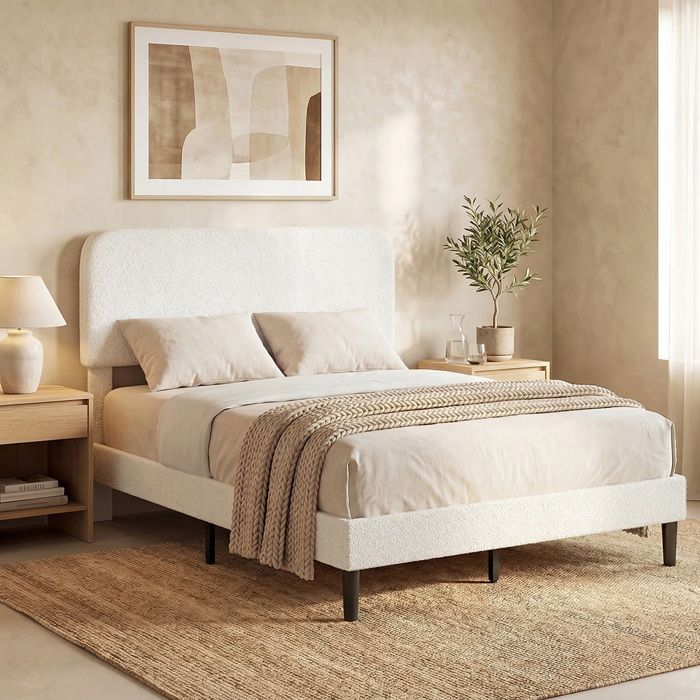 Cadre de lit - CRESTA - 140x190cm - Velours Teddy blanc 250 g/m² - Sommier à lattes inclus - Tête de lit réglable Cadre de lit - CRESTA - 140x190cm - Velours Teddy blanc 250 g/m² - Sommier à lattes inclus - Tête de lit réglable