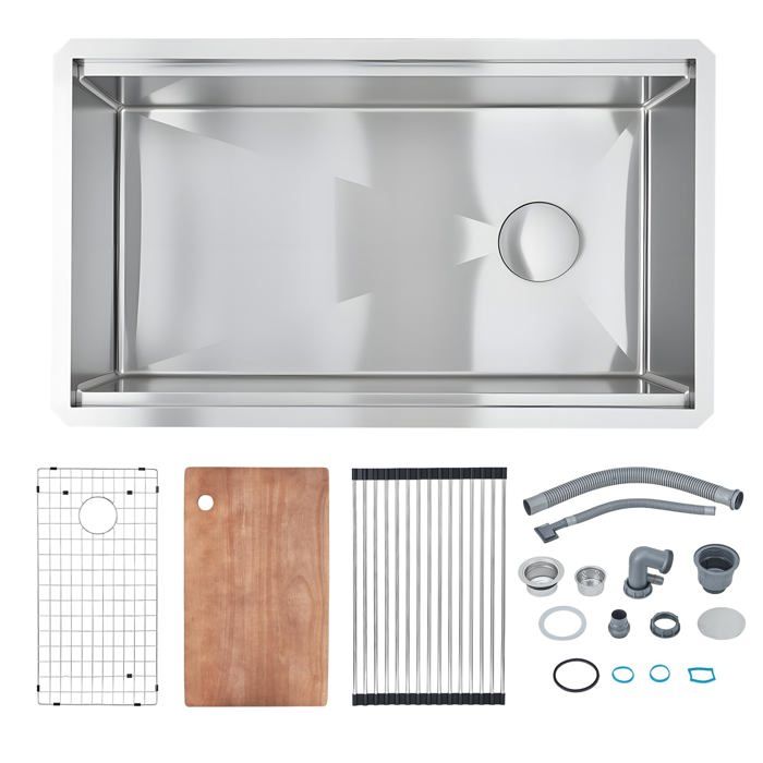 Koioplie Évier cuisine sous-plan workstation 19 x 30 x 10 inches inox SUS304 1 bac profond 25cm planche + égouttoir enroulable