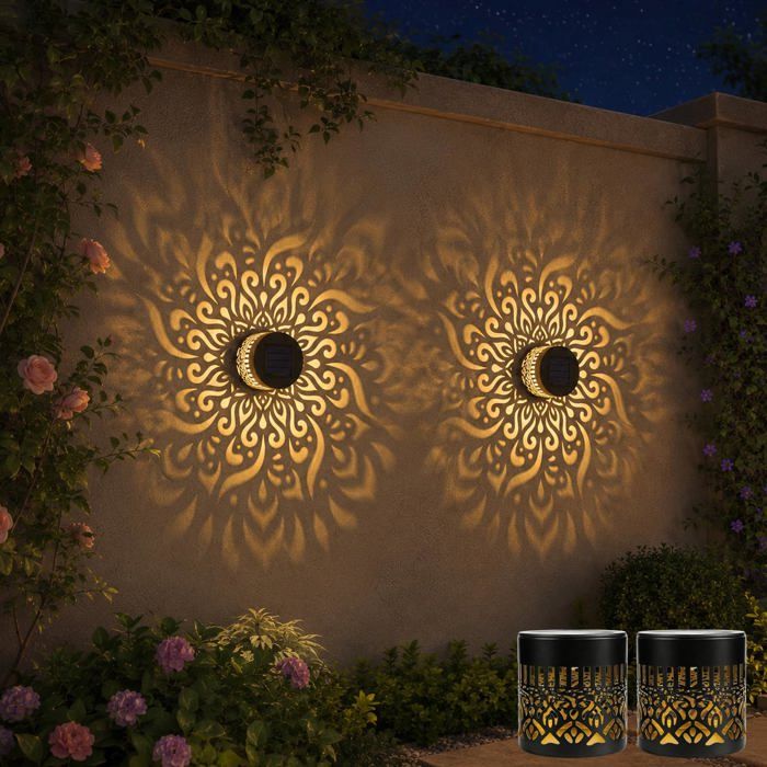 Lanterne Solaire 2 Pièces Lumières Solaires Mandala Lampes Solaires LED Solaire Métal Balcon Imperméable Lumières LED Solaires