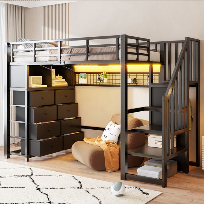 Lit Mezzanine 2 Place avec 8 tiroirs et LED lit surélevé 140x200 avec grand espace de rangement Noir(Sans Matelas)