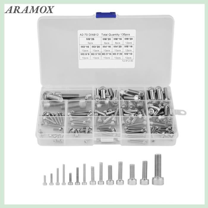 ARAMOX Lot 135pcs Vis à Tête Hexagonale en Acier Inoxydable 304 M2.5 M3