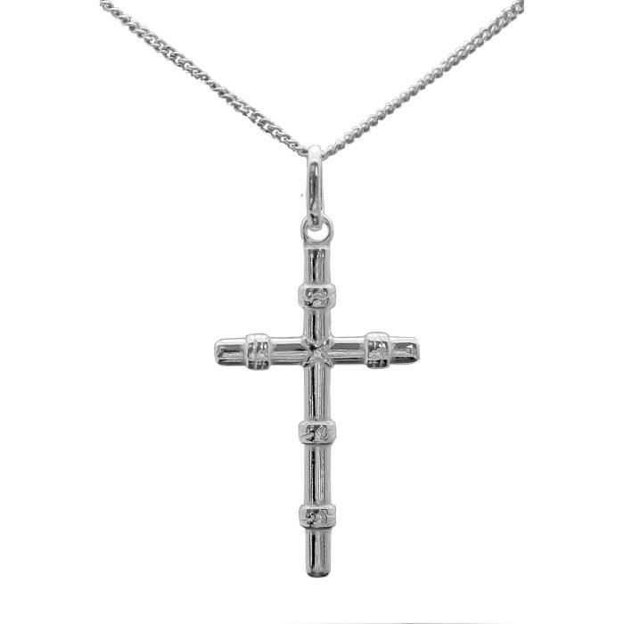 ensemble pendentif croix en argent massif "bambou" avec chaine pour homme femme ou enfant boite ecrin offert  ascalido