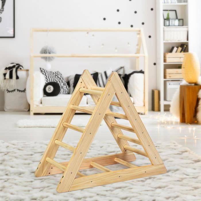 DREAMADE Échelle Triangle d'Escalade en Bois de Pin de Haute Qulité pour Bébé plus de 3 Ans, Gymnase d’Intérieur avec Toboggan