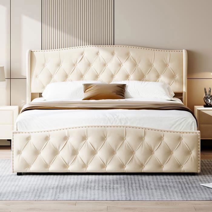 Lit coffre adulte 140x200cm avec sommier à lattes en métal Lit de rangement double，blanc