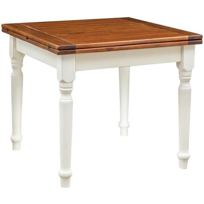 table à rallonge style champêtre en bois massif structure blanche patinée sur plan noyer l90xpr90xh80 cm