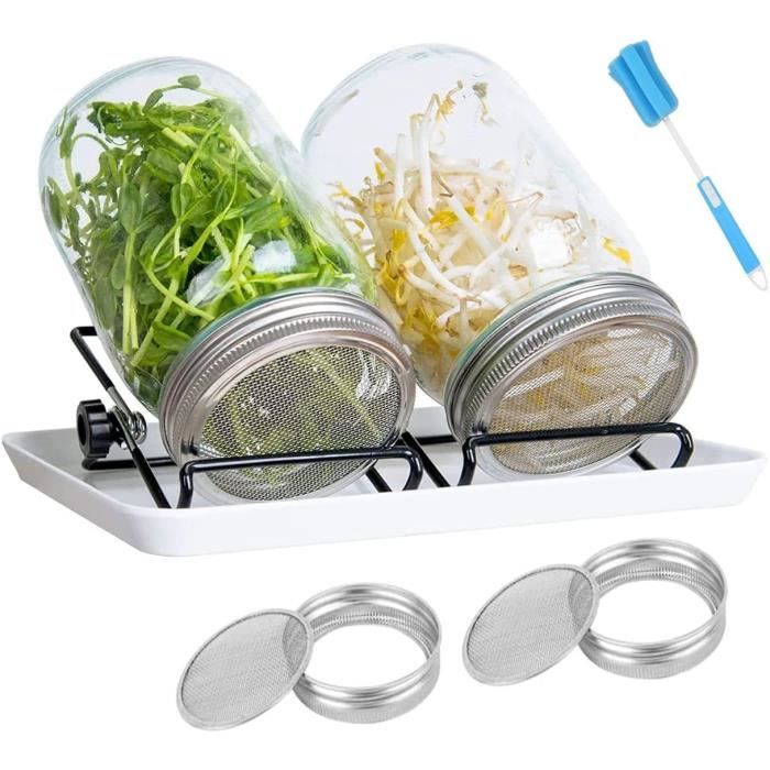 Kit Pots Germination Graines, 32 Oz avec Couvercles Germes à Tamis en Acier Inoxydable, Plateau