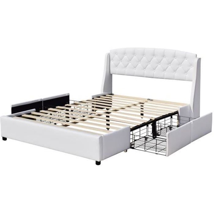 iris - Solide et Confortable Lit 160x200 avec Sommier avec 4 tiroirs Tete de lit Couleur BLANC Pieds en 4 cm