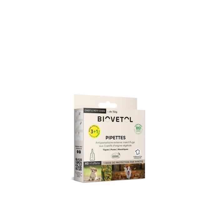 Pipettes Antiparasitaires Chien - Bio Certifié Ecocert - Anti-puces Anti-Tiques - Soin pour Petit Chien (-15 kg) - 3+1 x 1 5 ML
