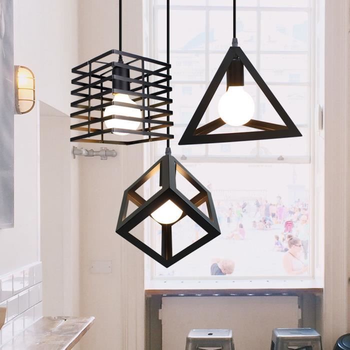 IDEGU E27 Lustre Suspension Edison Géométrique Lampe Luminaire Métal pour Cuisine Chambre Noir