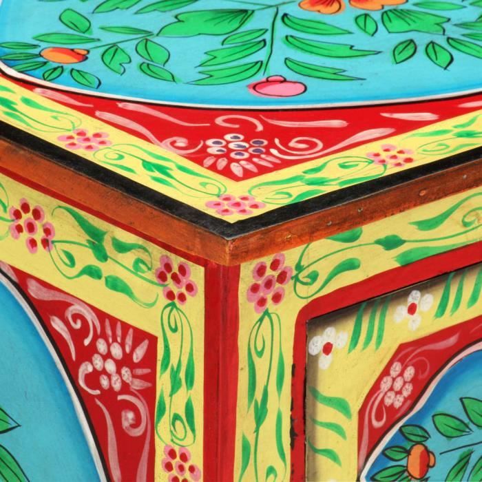 Table De Chevet Peinte à La Main En Bois De Manguier - 40x30x50 Cm - 2 Tiroirs - Style Rétro Coloré - Livrée Assemblée