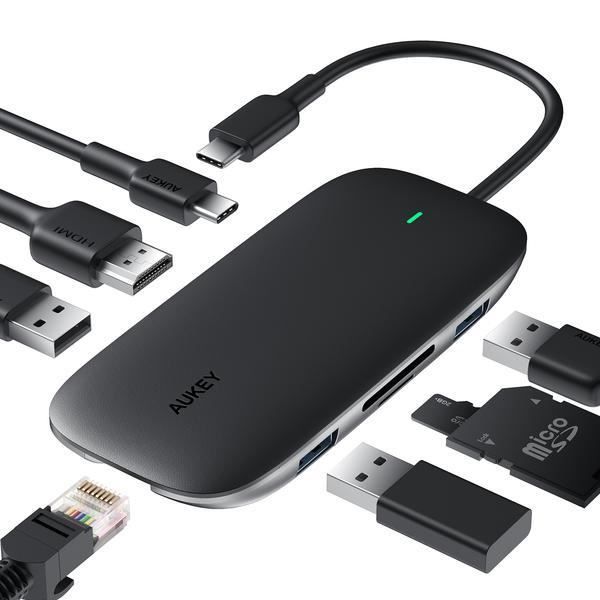 AUKEY Hub USB C 8 en 1 Adaptateur avec Ethernet Gigabit, HDMI 4K, lecteur de carte SD et MicroSD USB 3.0 CB-C71
