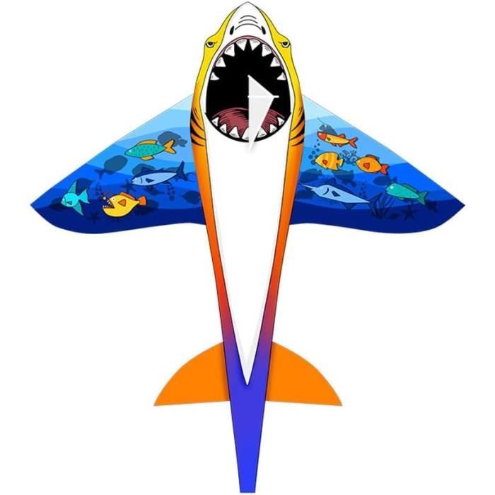 Grand Cerf-volant Requin 190x115 Cm – Facile à Monter, Queue Longue, Corde 50 M, Sac De Rangement – Pour Enfants Et Adultes, Vol Dès 8 Km/h De Vent