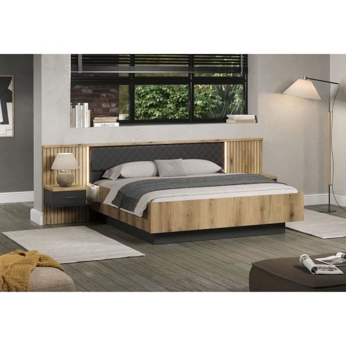 Lit+avec+chevets+et+eclairage+indirect+-+ESTEBAN+-+180+x+200+cm+-+Chene+blond+/+Anthracite+-+TRENDTEAM