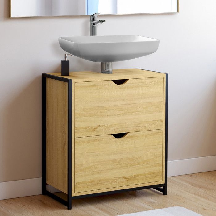IDMARKET Meuble sous lavabo salle de bain 2 tiroirs DETROIT design industriel IDMARKET Meuble sous lavabo salle de bain 2 tiroirs DETROIT design industriel