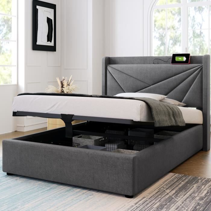 lit coffre 90x200 cm avec chargement usb type c - structure de lit avec sommier à lattes - tissu en lin - gris