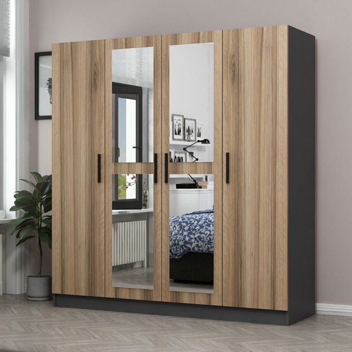 Armoires 4 portes et 4 miroirs Sanur L180xH190cm Bois clair et