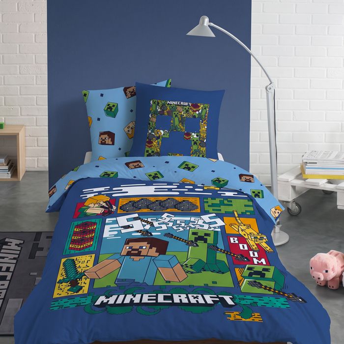 Parure de lit enfant 100% coton Minecraft Bleu nuit