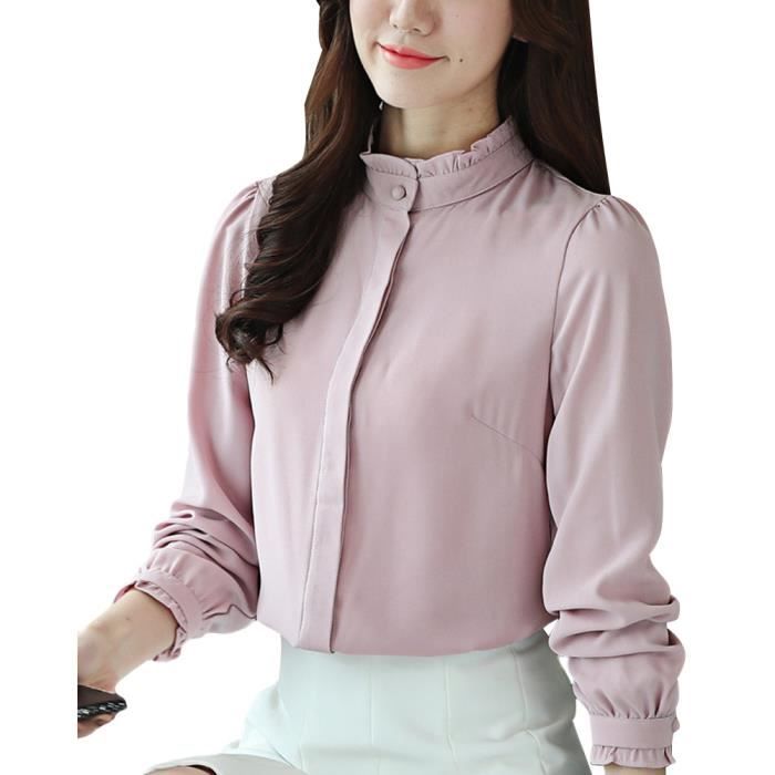 Minetom Femmes T Shirt Chemise Ebouriffe Col Rond Manches Longues Tops Blouse Chemisier En Mousseline de Soie Rose Cdiscount Pret a Porter