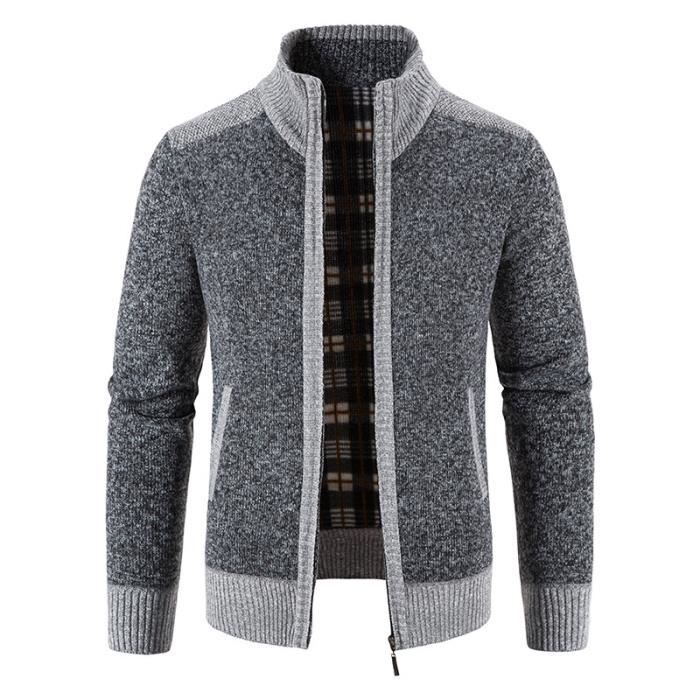 Gilet Zipp?� Homme en Tricot Doubl?� Polaire Automne Hiver Cardigan Chaud Epais Col Montant 