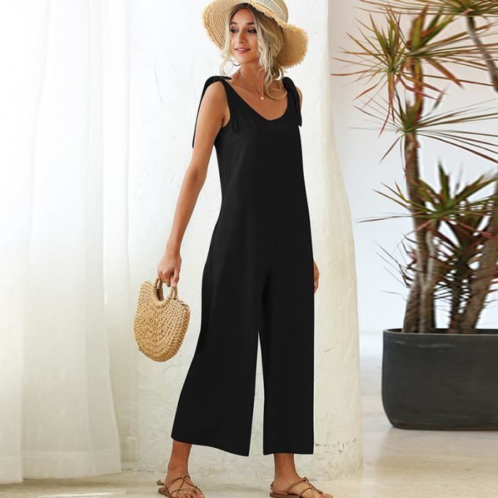 Salopette femme longue elegante pour jambe large noir FR04QQ