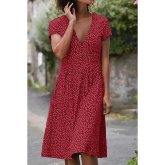 Robe Classique midi imprimee a manches courtes et col rond pour femme blanc rouge MR Rouge Cdiscount Pret a Porter