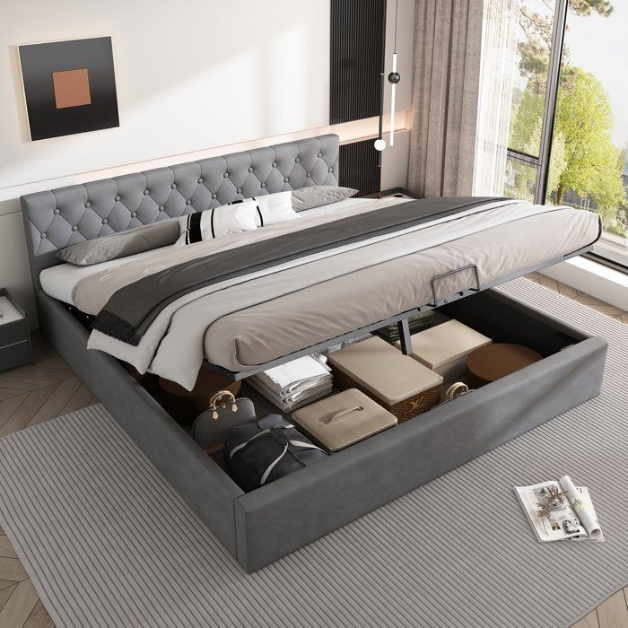 Lit Coffre en Velours 180x200cm Style Scandinave - Gris - Rangement - Sommier à Lattes