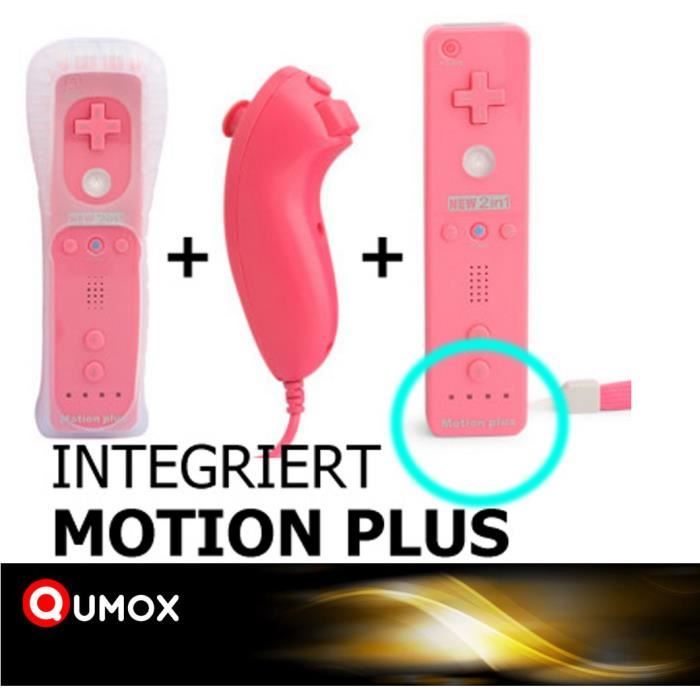 QUMOX 2 en 1 Manette Wiimote motion plus intégrée - Nunchunk - Housse Protection pour Wii-Manettes rose compatible de marque QUMOX