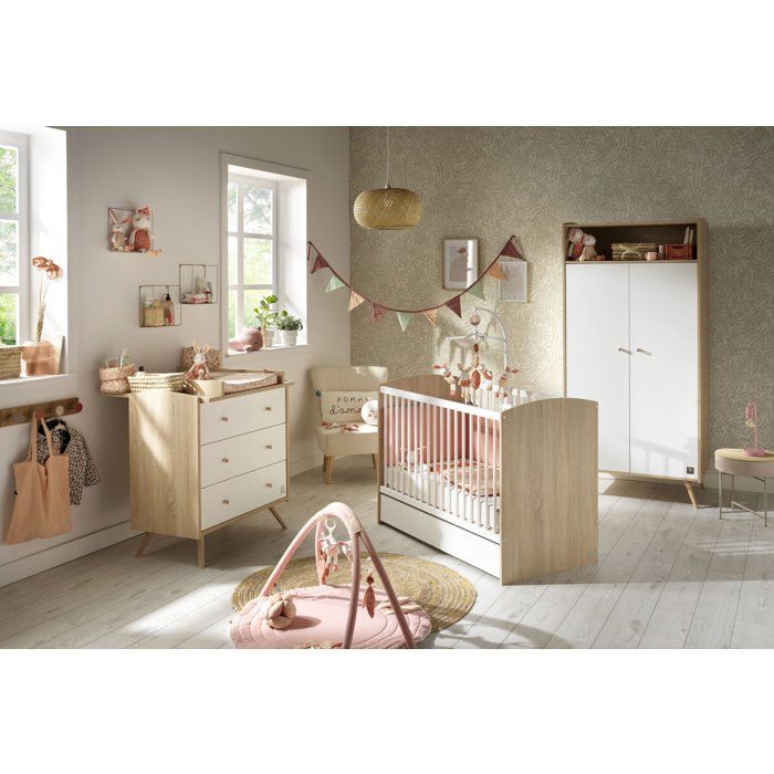 Chambre bébé trio - Lit 120 x 60 cm + Commode 3 tiroirs + Armoire 2 portes - Access - Bois/Blanc - SAUTHON