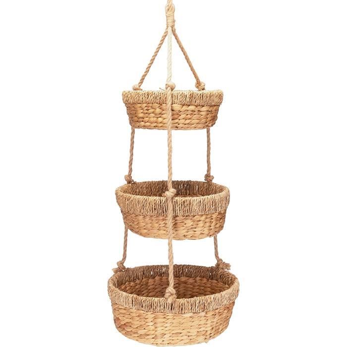 Cocovibes Panier Suspendu 3 Étages En Jacinthe D'Eau – Bohème Naturel | Rangement Fruits Légumes Cuisine 30+25+20 Cm