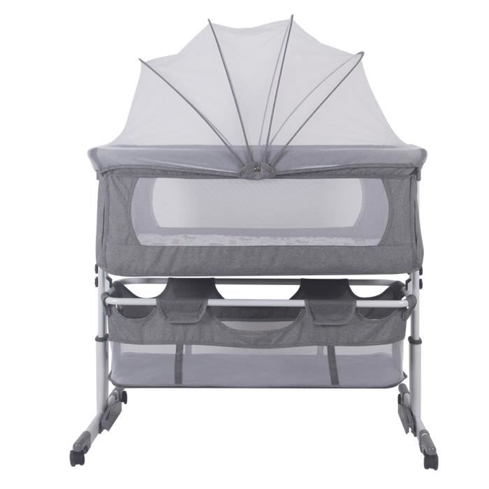 SUPFINE Lit bébé cododo - berceau cododo à roulettes pour bébés de 0-3 ans avec matelas moustiquaire Gris-blanc