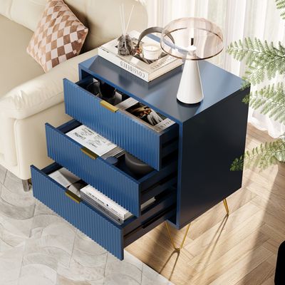 Commode 3 Tiroirs Belupai Bleu Foncé - Meuble Rangement Métal Doré 80x40x78cm