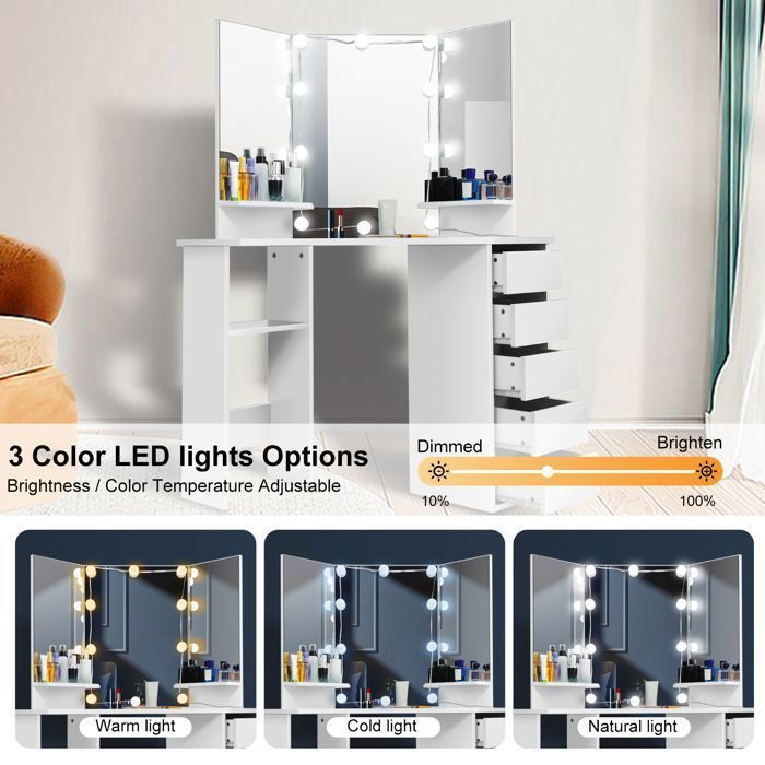 Coiffeuse D'angle Design L Avec Miroir LED - 5 Tiroirs, étagères, éclairage Réglable, Blanc Et Doré