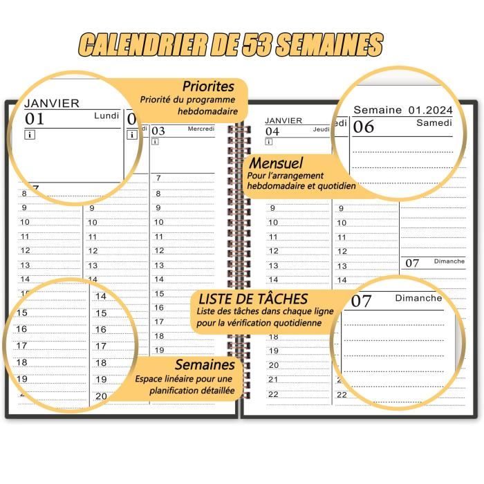 Agenda 2024 Français– A5 Agenda Semainier - la Simplicité Inspire la  Productivité - Calendrier Annuel, Planner avec Notes - Cdiscount Beaux-Arts  et Loisirs créatifs