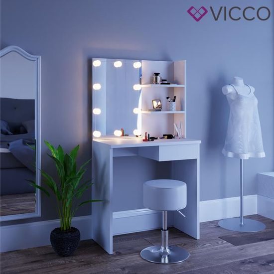 Vicco Coiffeuse table de maquillage Dekos avec miroir Blanc laqué LED