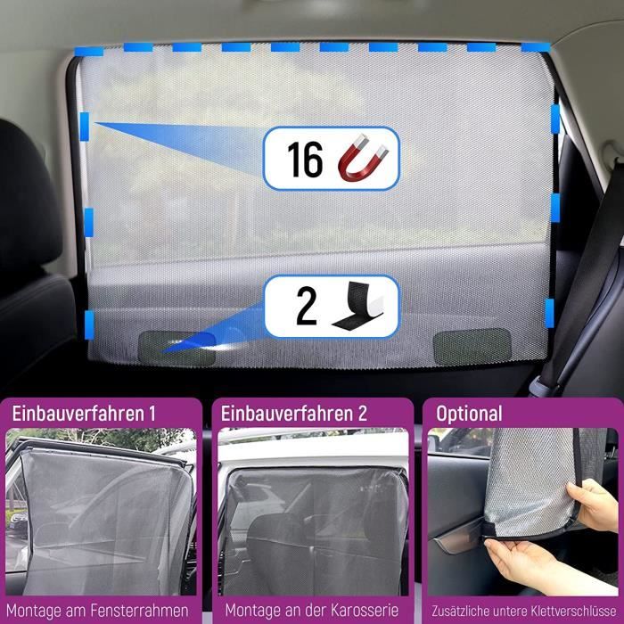 Lot de 2 Rideaux magnétiques pour Voiture, avec Bande Velcro Auto-adhésive,  Pare-Soleil de vitre latérale de siège arrière pour Voiture, protège Le
