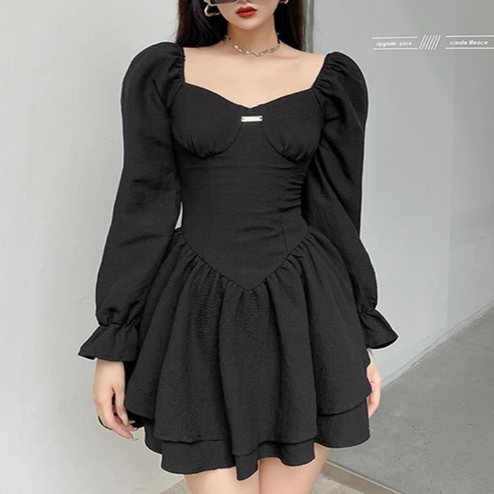 Automne printemps robe trap ze mince solide col carr manches