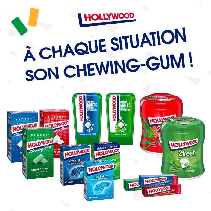 HOLLYWOOD Chewing Gum Ice Fresh Parfum Menthe Fraîche Sans Sucre avec édulcorants Lot de