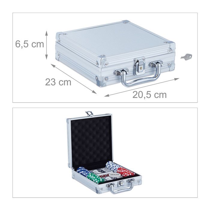 GOODS+GADGETS® Malette Poker 300 Jetons - Set Complet avec Accessoires | Mallette aluminium verrouillable - 2 jeux de cartes, 5 dés, bouton dealer - Choix 300 ou 500 jetons