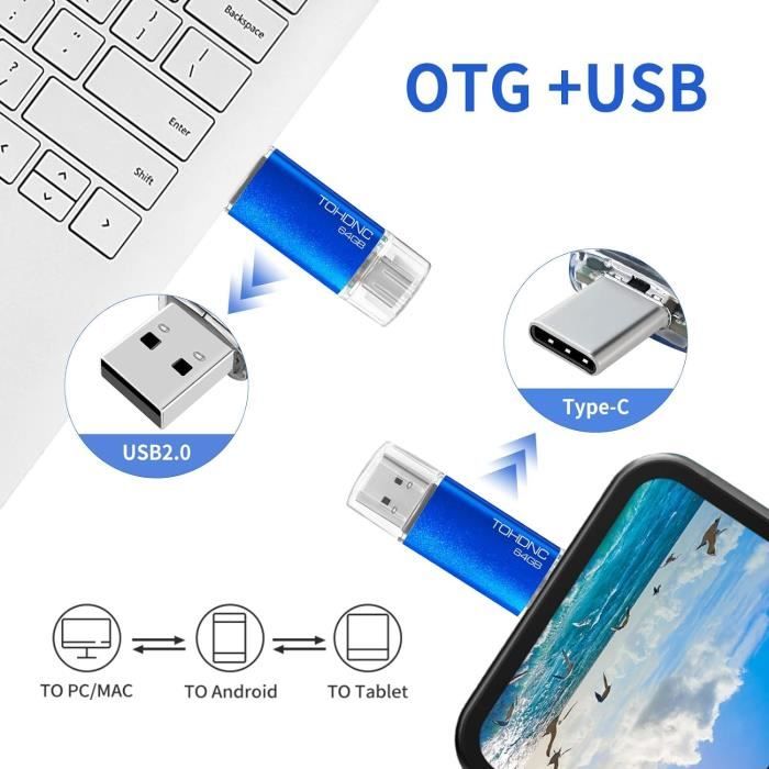 Lot de 2 Clé USB C 64Go USB 2.0 OTG 3 en 1 Type C USB Micro USB Clef  Mémoire Stick 64Gb Flash Drive U Disque pour PC Tablette Android Smartphone（  Bleu Noir）