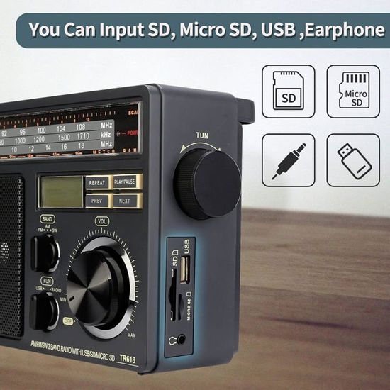 Radio Portable Retekess TR603 FM/AM/ondes Courtes - Rechargeable, Carte SD, USB, AUX, écran LCD, Gros Boutons