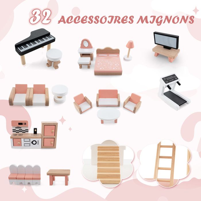 COSTWAY Maison De Poupées En Bois Avec 8 Meubles 3 Étages Et 6 Pièces Salle De Jeux Jouets Pour Enfant De 3 A 7 Ans 71 X 23 5 X 87 Cm Multicolore