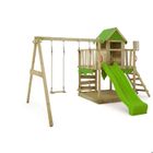Aire de jeux en bois FATMOOSE JazzyJungle avec balançoire et toboggan vert pomme pour enfants de 3 à 12 ans